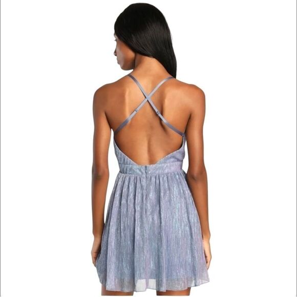 Lulus Make Your Acquaintance Blue Metallic V-Neck Skater Dress Women’s Size XS N - Picture 3 of 13